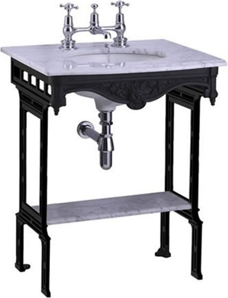 Casa Padrino Luxus Jugendstil Stand Waschtisch Weiß / Schwarz mit Marmorplatte und Ablage Barock Waschbecken Barockstil Antik Stil