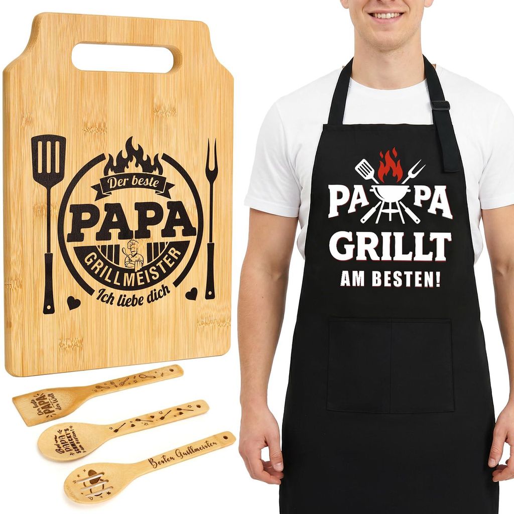 Geschenkset für Papa – Graviertes Bambus-Schneidebrett mit personalisierter Schürze und 3 Holzlöffeln, das beste Geschenk für Papa zum Geburt...