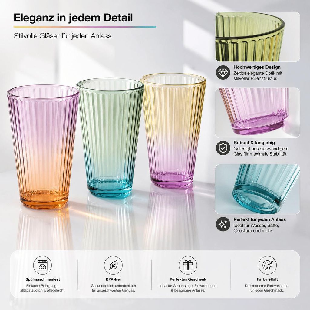6 Trinkgläser Bunt Gläser Set Wassergläser Wasserglas