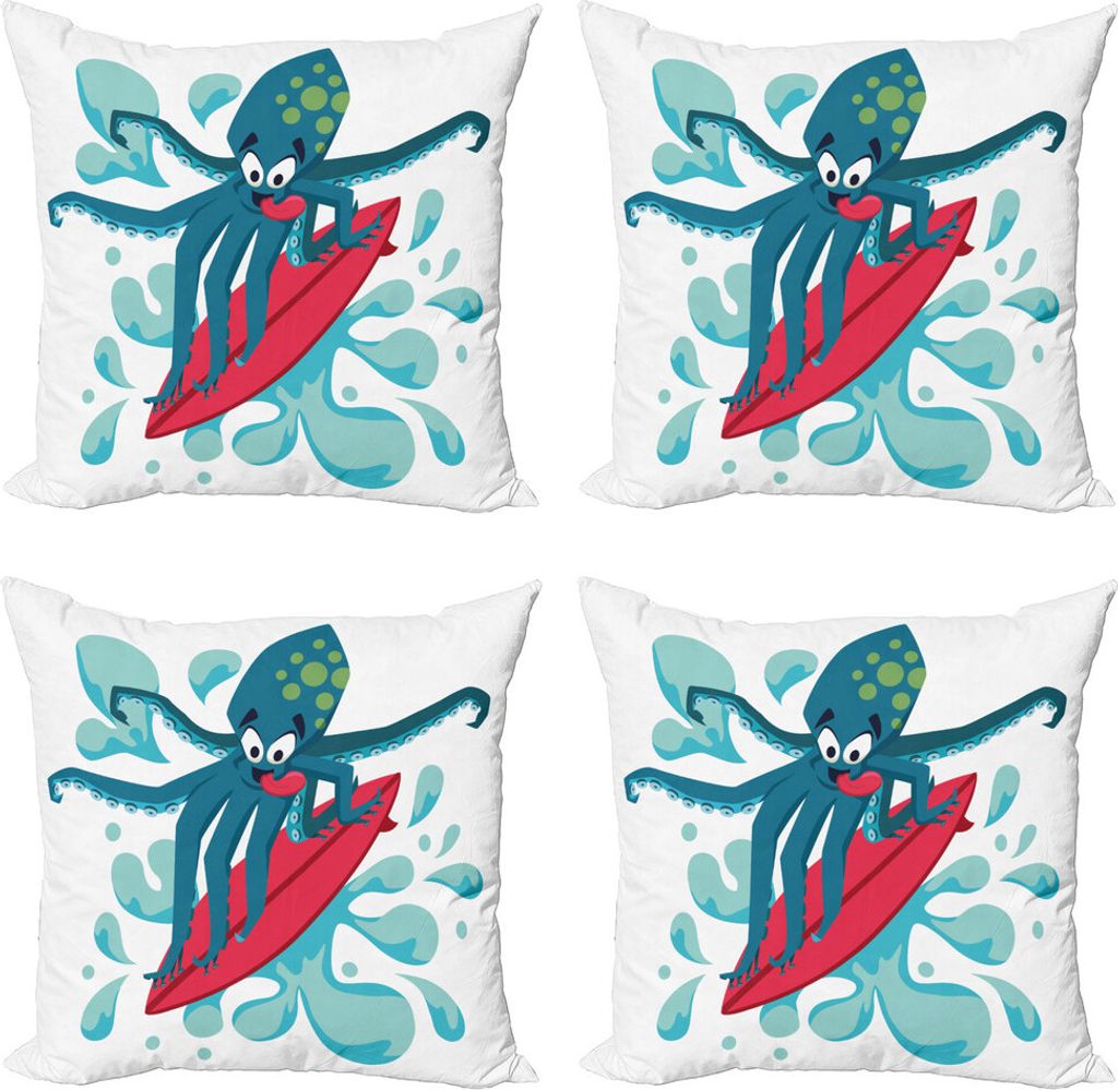 ABAKUHAUS Reite die Welle Kissenbezug Set (4 Stück), Surfer Octopus, Moderner Doppelseitiger Digitaldruck, 60 cm x 60 cm, Petrol Blau Türkis