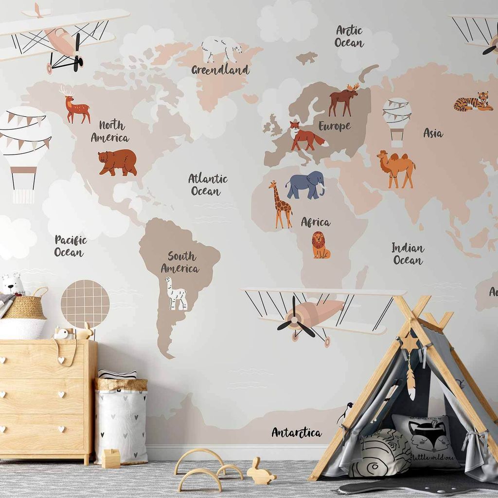 Selbstklebende Folie Fototapete - World Map in Beige Tones for Children's Room 245x175 cm Für Kinder e-C-10086-a-a