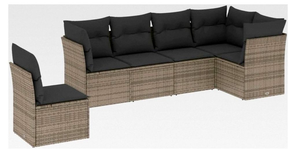 6-teiliges Garten-Sofagarnitur mit Kissen, Lounge Sofa für den Außenbereich, grau, Poly Rattan