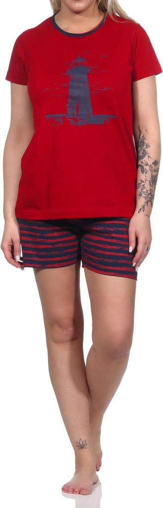 Damen kurzarm Shorty Pyjama mit Leuchtturm-Motiv - maritim - 122 205 10 756 ; rot , 36-38