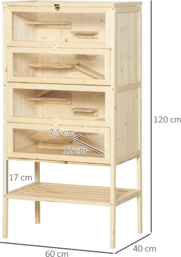 Gabbia per criceti Fortuna Lai in legno a 5 piani Nagarium Gabbia per roditori Gabbia per piccoli animali con tetto a griglia Rampe, gabbia in legno Gabbia per topi grande Gabbia per criceti Criceti nani 60 x 40 x 120 cm Legno naturale - 3