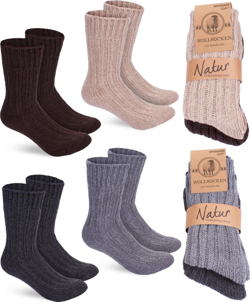 BRUBAKER 4 Paar Wollsocken - Warme Wintersocken für Damen und Herren - Winter Socken, Grau Braun Beige und Anthrazit, Größe 35-38
