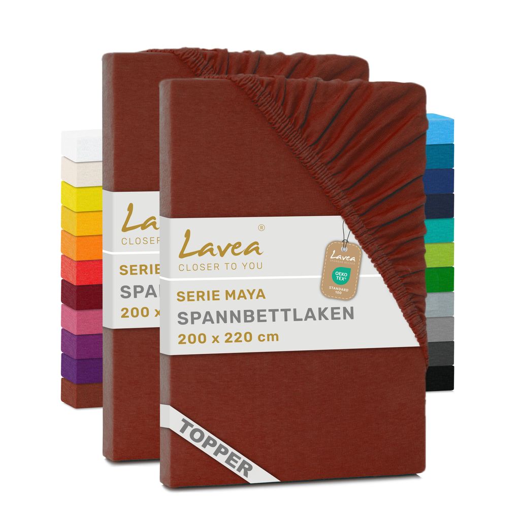 Lavea 2er Topper Spannbettlaken 200x220cm, Bettlaken 100% Baumwolle Jersey, mit Rundumgummizug, für Matratzen bis 12 cm Höhe, weich, formstabil...