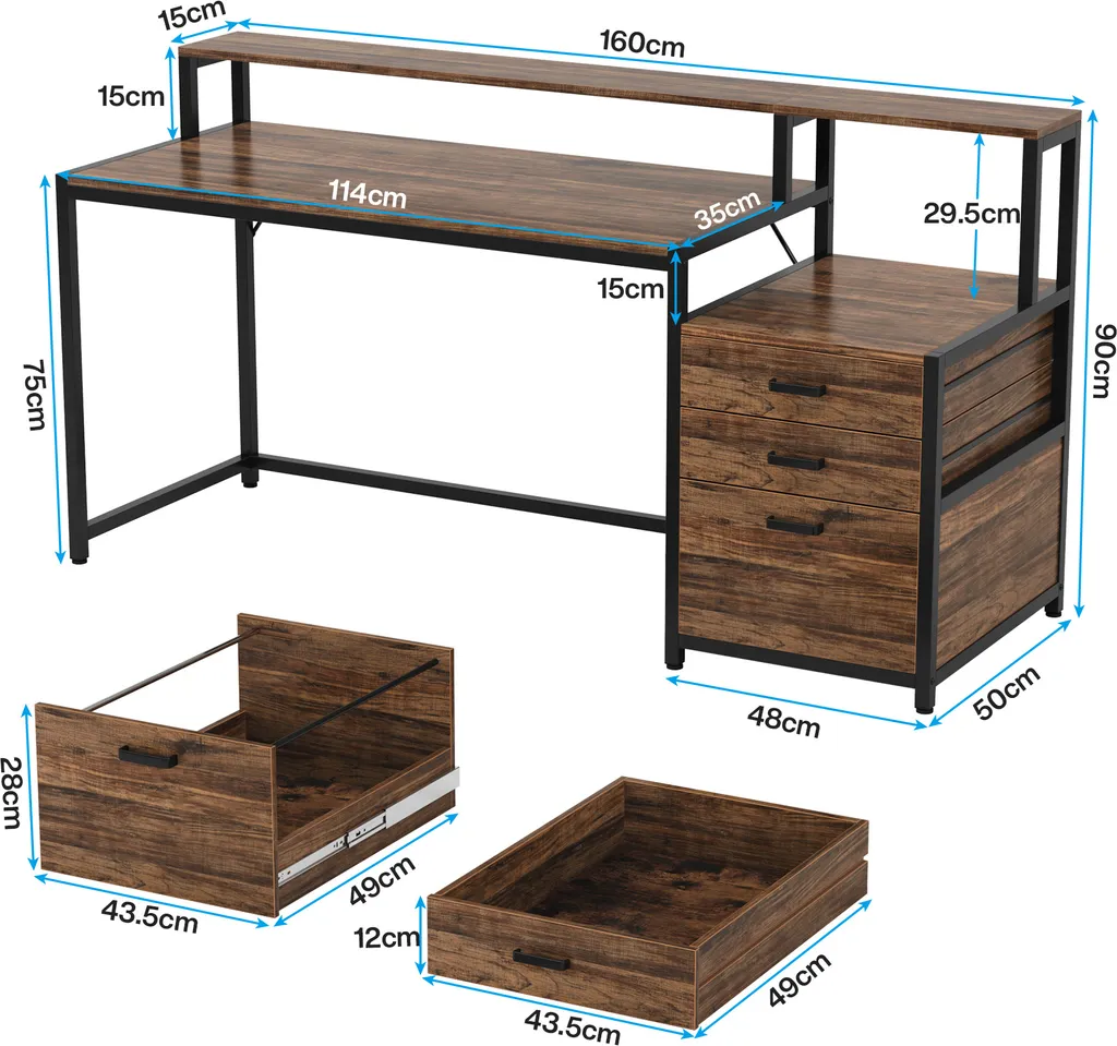 Grand Bureau d'Ordinateur Industriel de 160 cm avec Support Écran Élevé - 3