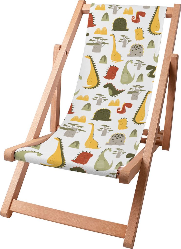 Dreamroots Kinder Liegestuhl klappbar Holz bis zu 130 kg, Sonnenliege klappbar mit 3-stufiger Neigungsregulierung der Rückenlehne, Cartoon Style Dino