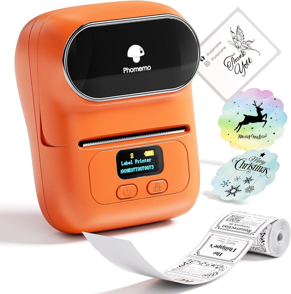 Phomemo M110 Thermo-Etikettendrucker Mini Bluetooth für Kleidung Supermarkt, kompatibel mit Android & iOS,Orange
