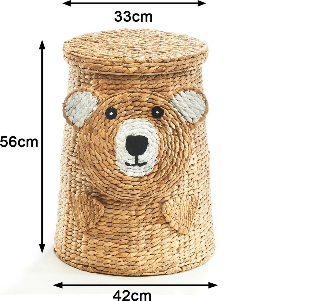 A woven storage basket shaped like a bear's head with dimensions indicated.