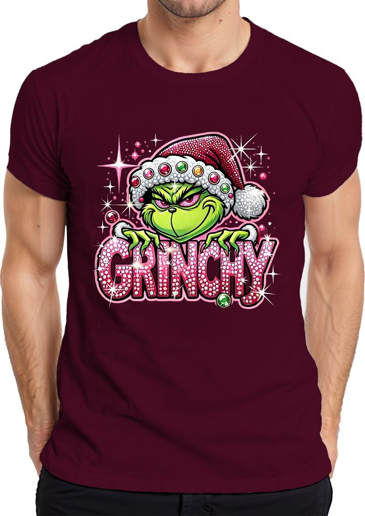 Grinchy Weihnachten Strass Glitzer Rosa Bling Lustig Geschenk Herren T-Shirt, Burgundy, M