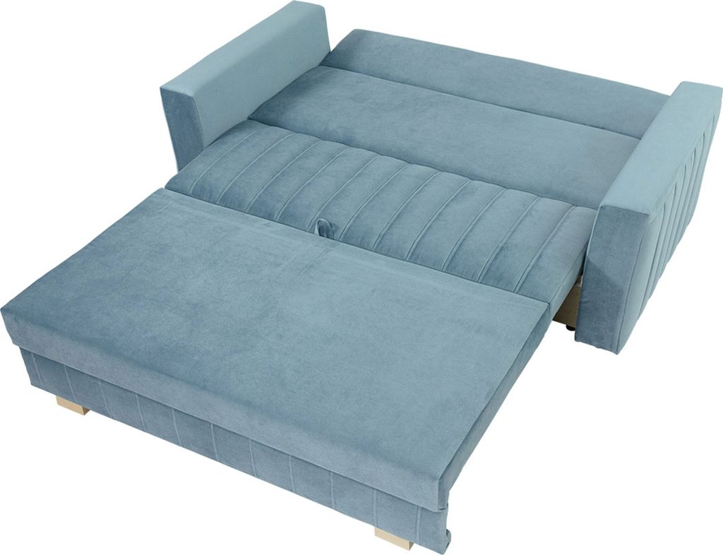 A blue sofa bed is shown in an open state, revealing its sleeping surface.