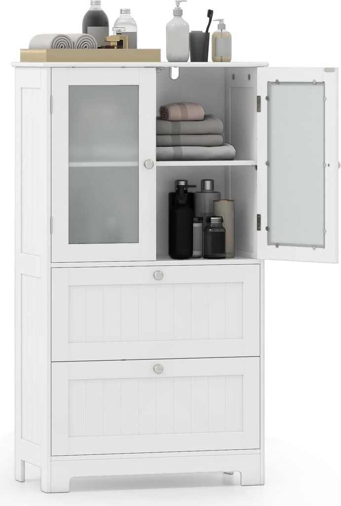 GOPLUS Badezimmerschrank, Badschrank mit 2 gehärteten Glastüren & 2 Schubladen, 3-stufigem verstellbaren Regal, Aufbewahrungsschrank für Wohnzimmer