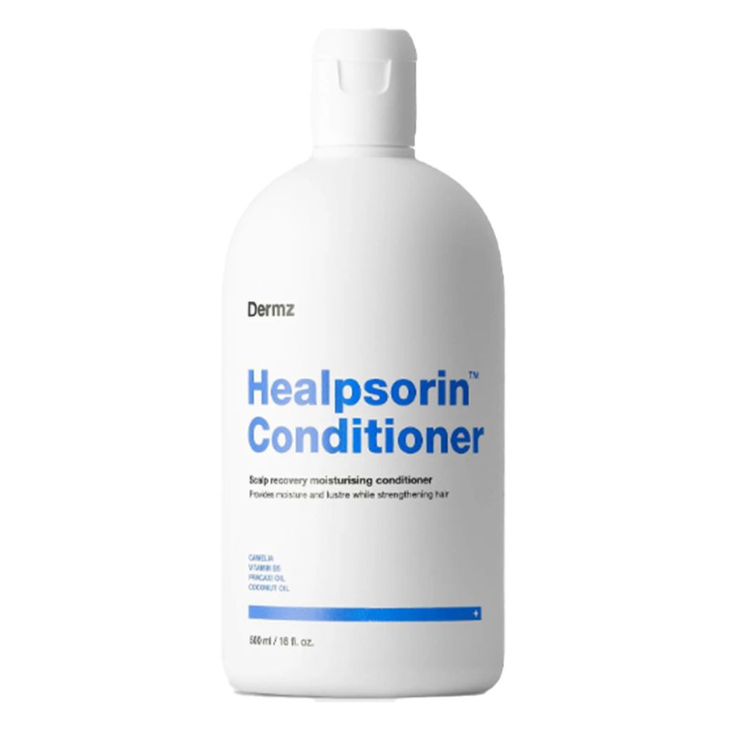 A white bottle of Dermz Healpsorin Conditioner is shown against a white background.