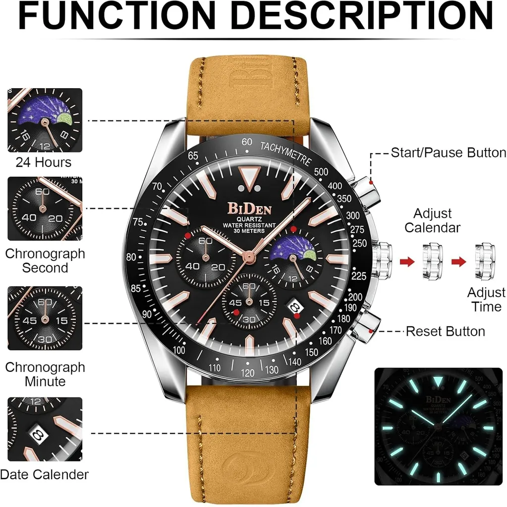 Video su Qual è Orologio sportivo di lusso con cinturino in pelle, data, cronografo, movimento al quarzo, orologi da uomo alla moda