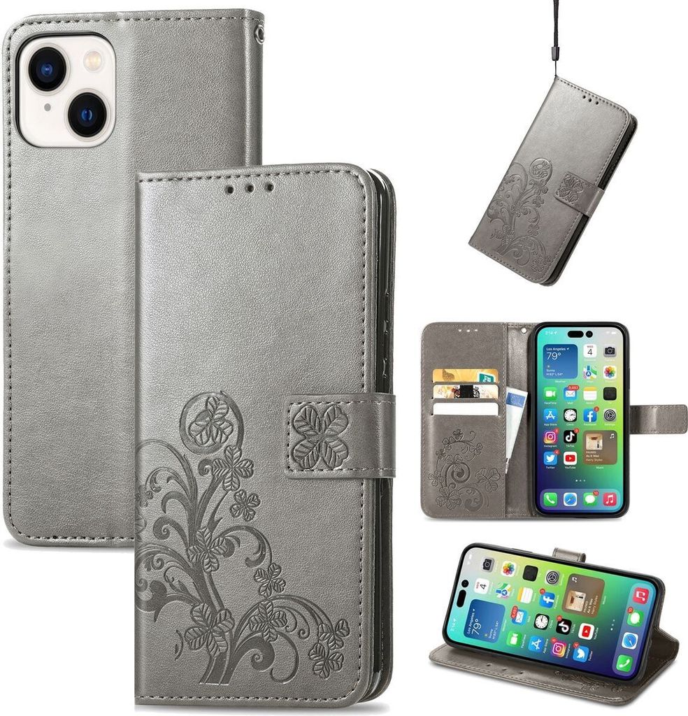 König Design Hülle kompatibel mit Apple iPhone 15 Plus Kunstleder Handyhülle - Handy Case Grau