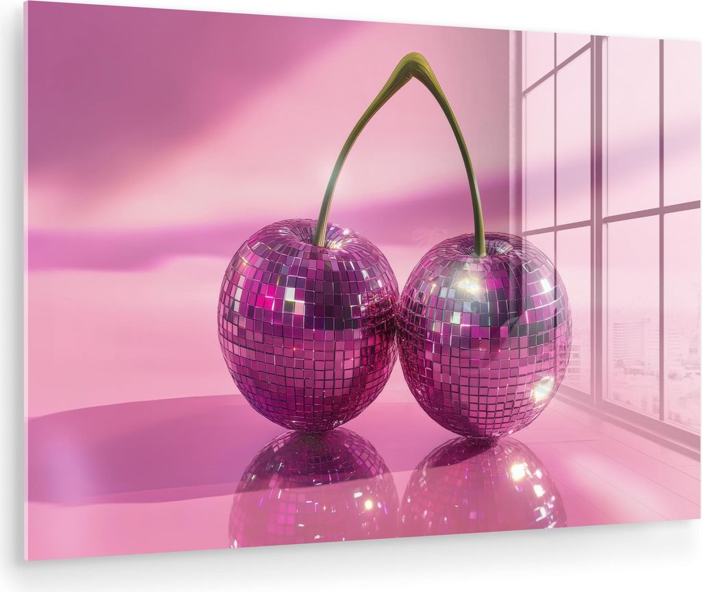 MuchoWow Glasbilder - Bilder auf Wandbild - Foto auf Glas Glitzer - Discokugel - Rosa - Kirsche 60x40 cm Wanddekoration aus Glas - Acrylglasbild - ...