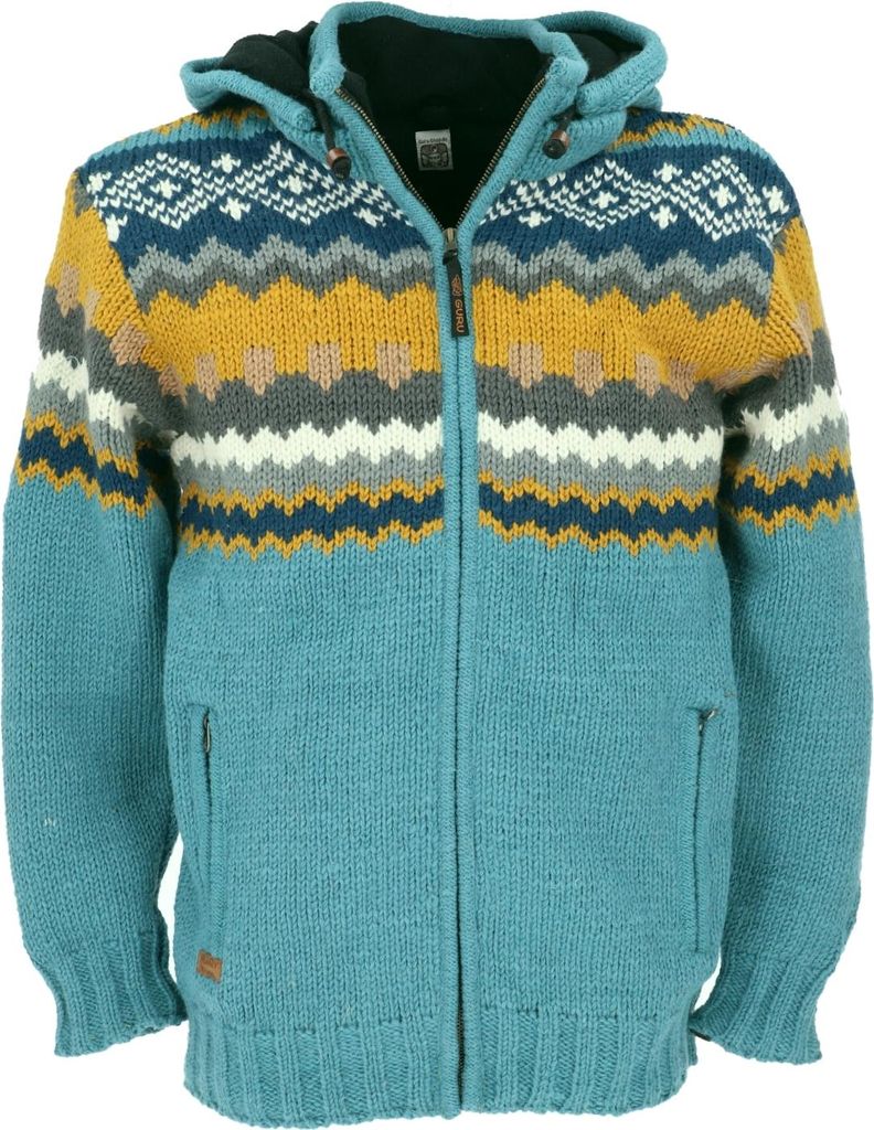 Uni Strickjacke, Wolljacke, Nepaljacke - Aqua, Herren, Blau, Wolle, Größe: M