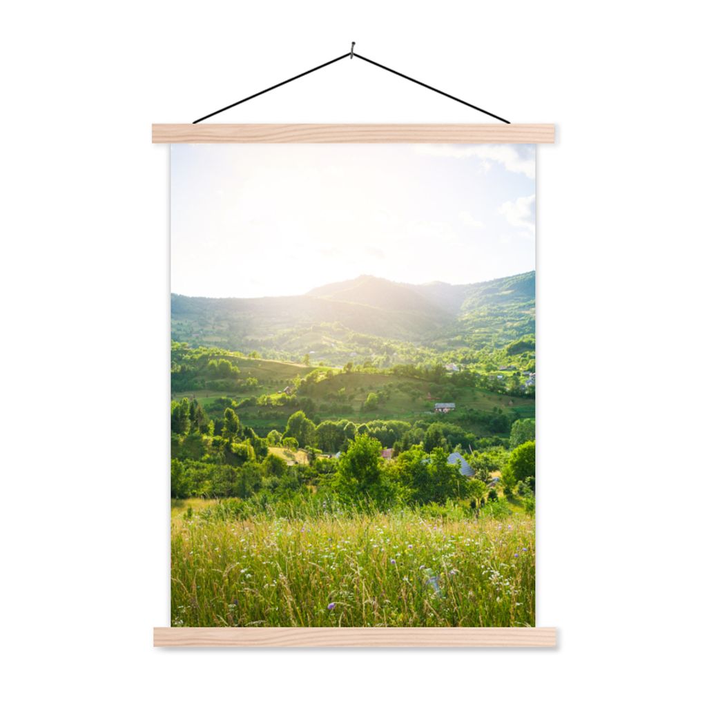 MuchoWow Textilposter Wald - Landschaft - Sonne - Natur - Sonnenaufgang 120x160 cm mit holzfarbenen Rahmen - Plakatkarton