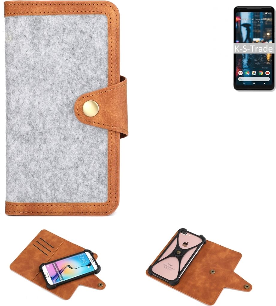 K-S-Trade Handyhülle kompatibel mit Google Pixel 2 XL Schutzhülle Filz-Hülle Kunst-Leder hellgrau braun (1x)