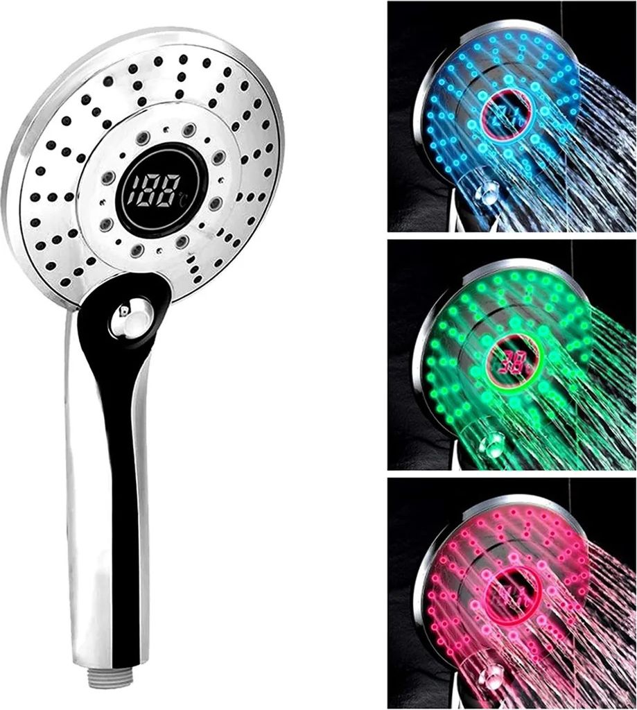 A collage of images showing a multi-colored LED shower head with a digital temperature display.