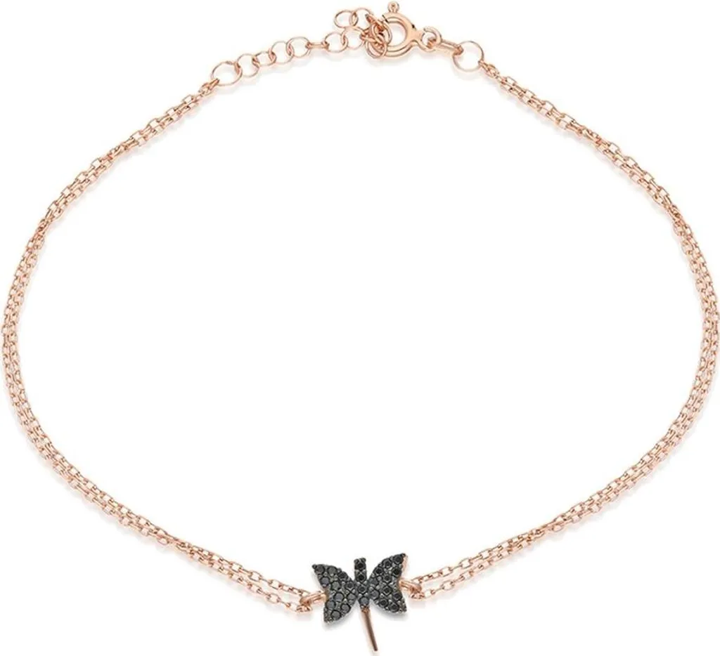 Bracelet en argent 925 plaqué or rose avec libellule noire