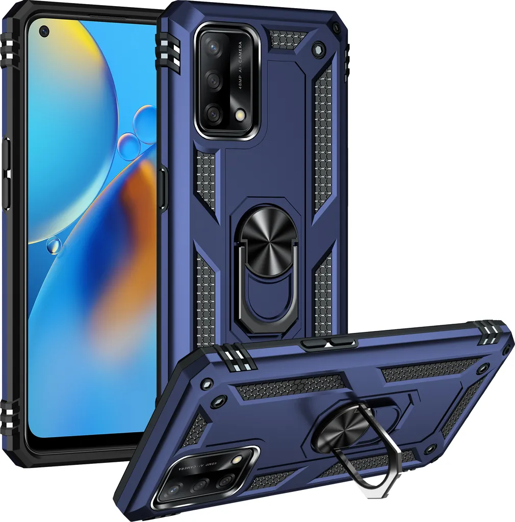 Custodia per OPPO A74 4G / F19 a doppio strato robusta, protezione militare con supporto ad anello e supporto blu