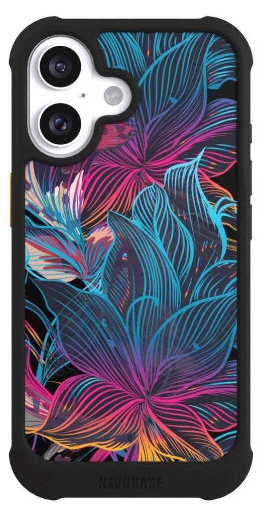 NIVOCASE Hülle für Apple iPhone 16 Stoßfeste Handyhülle NIVOmax Case Schwarz Blumen Neon bunt