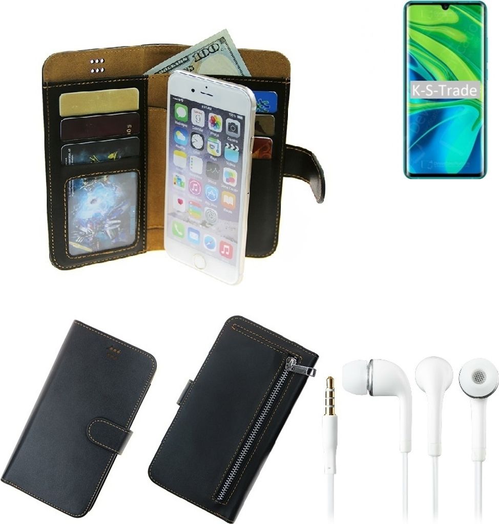 TOP SET Handy Hülle Schutz Hülle kompatibel mit Xiaomi Mi CC9 Pro schwarz aus Kunstleder + Kopfhörer Smartphone Tasche vollwertige Geldbörse