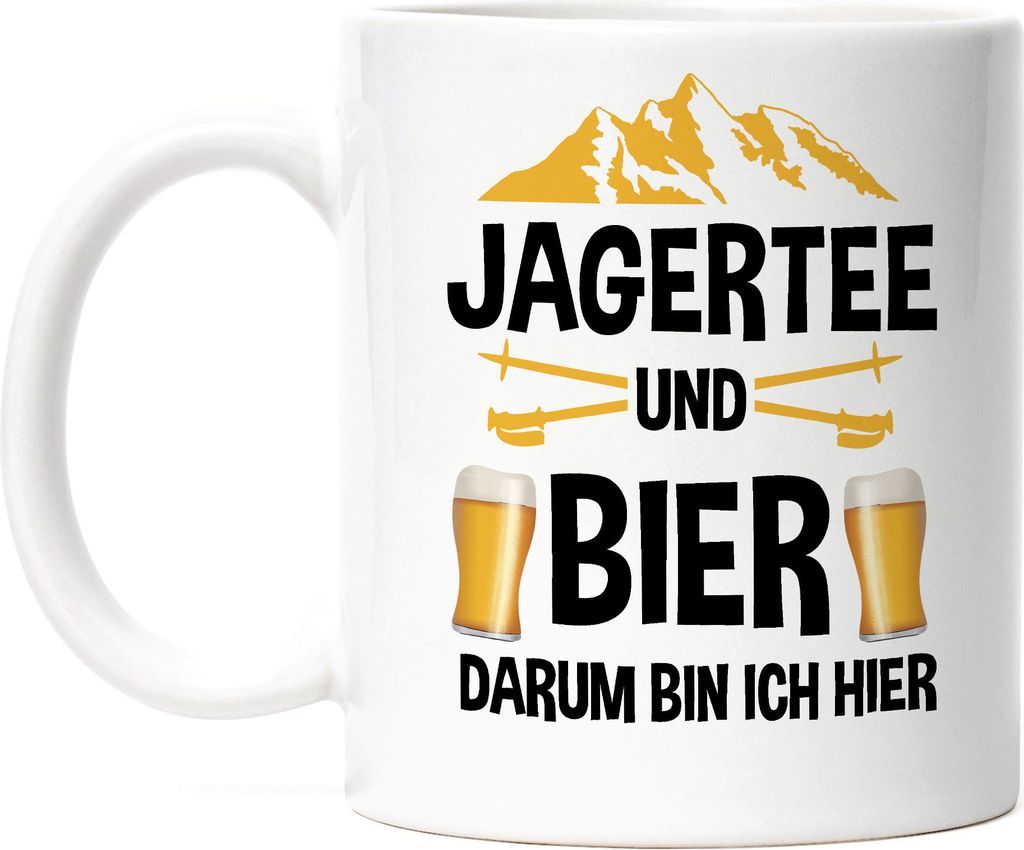 Jagertee und Bier Darum bin ich hier Tasse Skifahren Snowboard Lustig Apres Ski Skilehrer