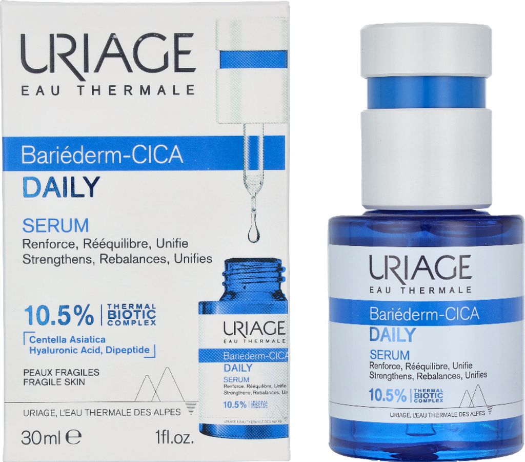 A product shot of a Uriage Bariederm-CICA Daily Serum box and bottle, presented side-by-side against a white background.