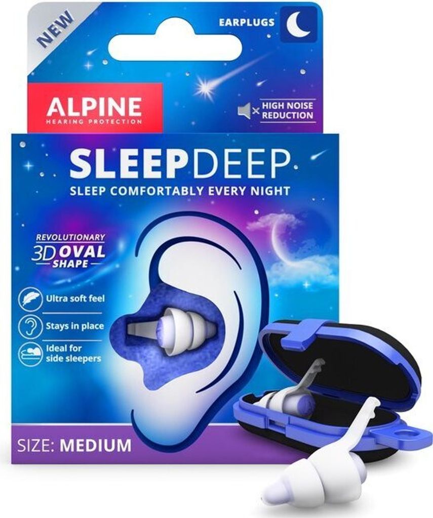 The image shows the packaging of Alpine Sleepdeep earplugs, with a graphic of an ear and earplugs, and a case.