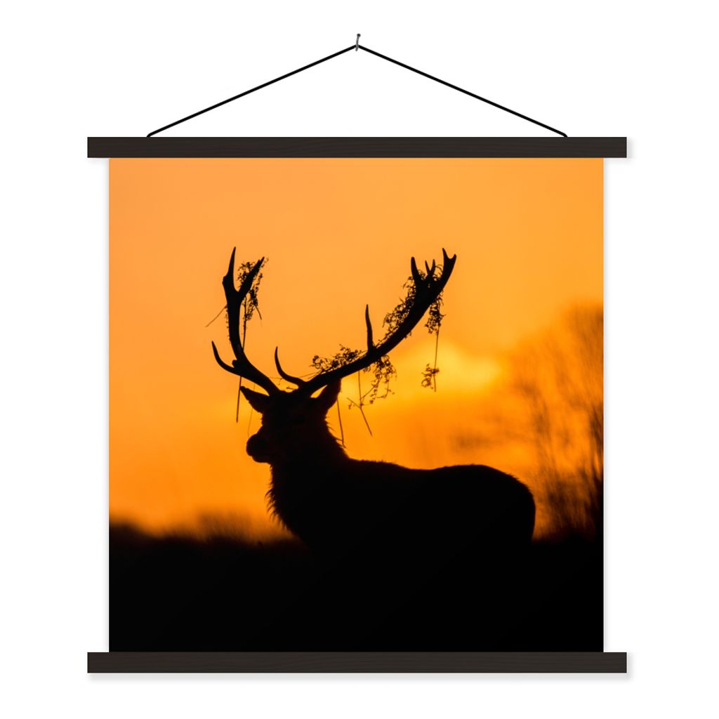 MuchoWow Textilposter Hirsch - Orange - Scherenschnitt - Tiere - Natur 90x90 cm mit schwarzem Rahmen - Magnetisches