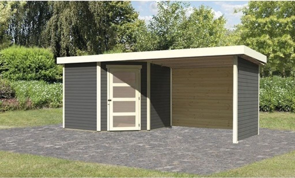 Gartenhaus Karibu Anvik 5 inkl. Anbaudach 2,8 m, Rück- und Seitenwand 503 x 262 cm terragrau