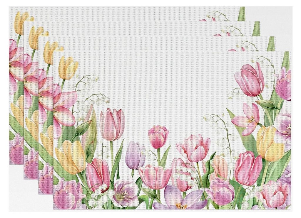 Abwaschbare Tischsets 4er Set, Rosa Tulpen und Maiglöckchen, PVC Platzdeckchen, rutschfest und hitzebeständig, Dekoration für Küche und Esstisc...