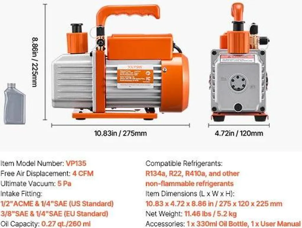 Pompa Vuoto 4CFM 1/3HP Monostadio Alta Efficienza | Compatibilità R32 R410a