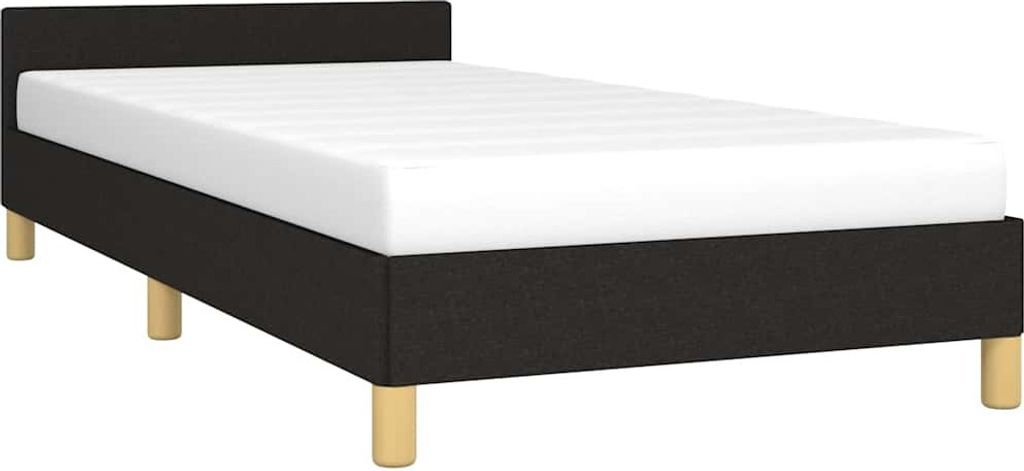 A black bed frame with a white mattress on a white background.