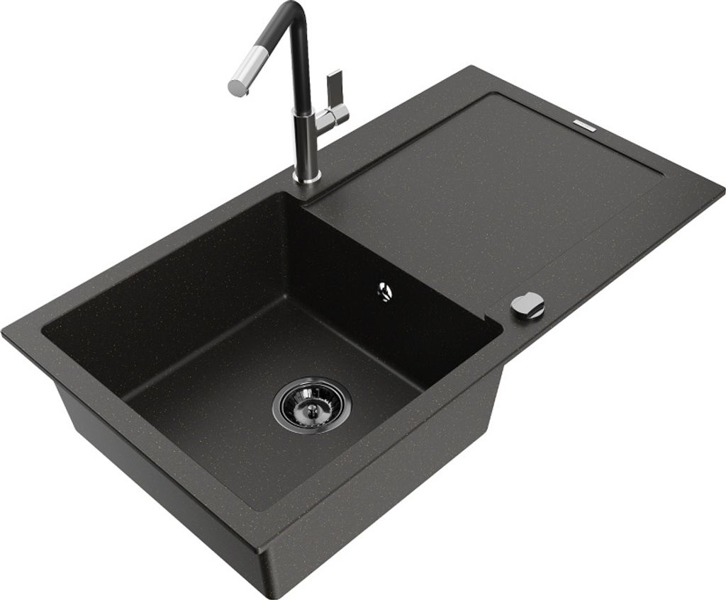 Mexen Leo 1 Becken-Granitspüle mit Abtropffläche und Mischbatterie Flora, Schwarz/Gold metallisch - 6501-75-670401-07-B