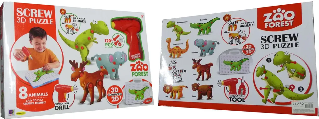 Puzzle 3D à visser avec 8 animaux sauvages en bois pour enfant de 3 ans
