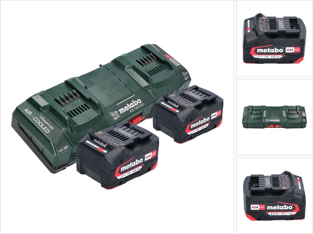 Metabo Basis Set 2x Li-Power Akkupack 18 V 4,0 Ah CAS Li-Ion Akku ( 2x 625027000 ) + ASC 145 DUO Doppel Schnell Ladegerät ( 627495000 )