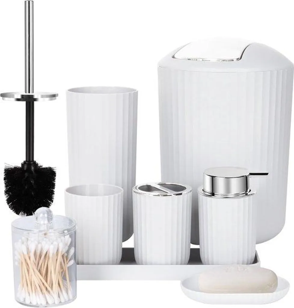 Aménager sa salle de bains avec ce set de 8 accessoires gris chic