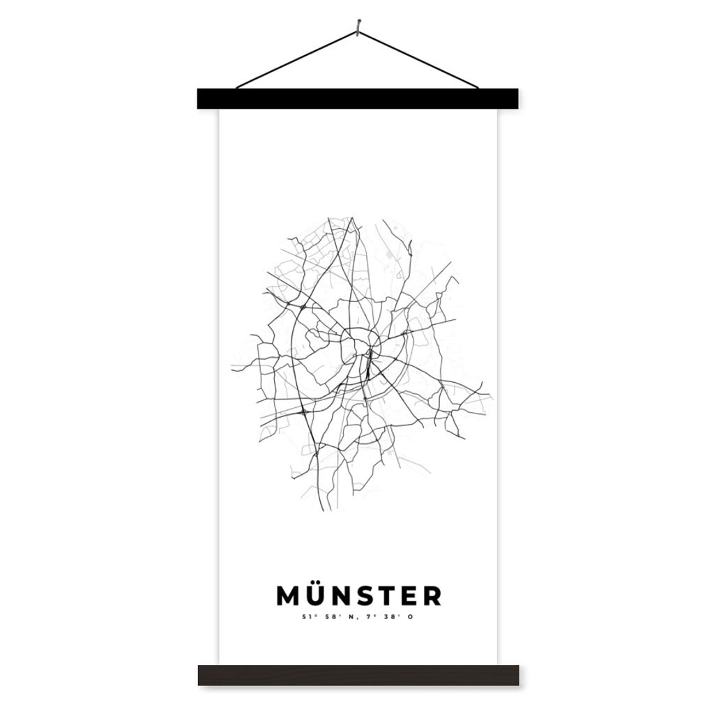 MuchoWow Textilposter Deutschland - Münster - Stadtplan - Karte - Schwarz-weiß - Karte 90x180 cm mit schwarzem Rahmen - Dekoration Wohnzimmer