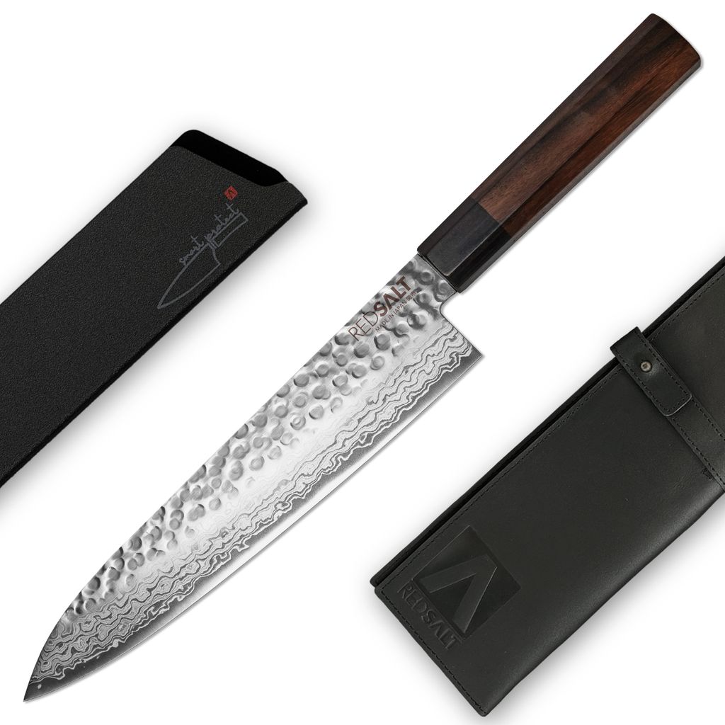 REDSALT Professional Series GYUTO 牛刀 21cm Damaststahl Chefmesser handgefertigt in Japan | Profi Kochmesser mit Messerscheide & Ledertasche | D