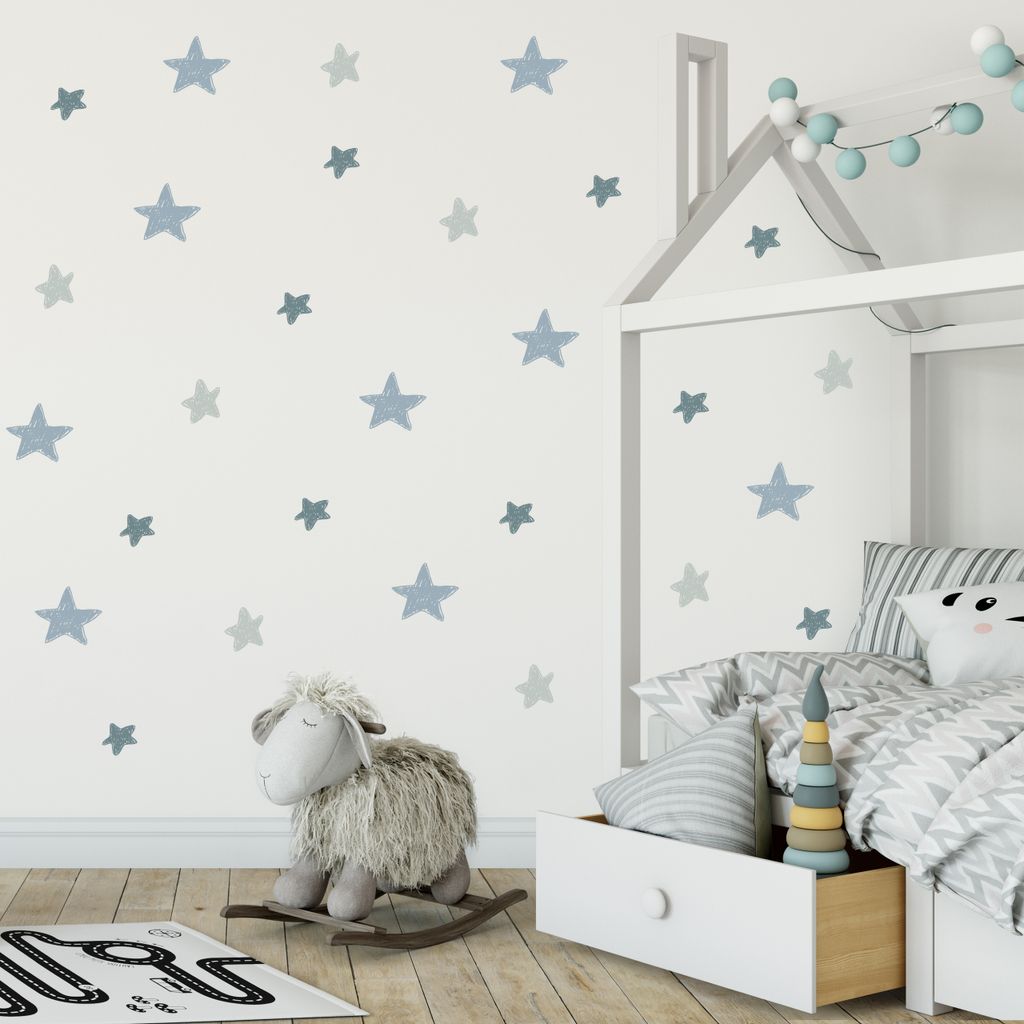Muralo Aufkleber Wandtattoo für Kinderzimmer BLAUE UND GRAUE STERNE Wandsticker Br. 60cm x Hö. 30cm