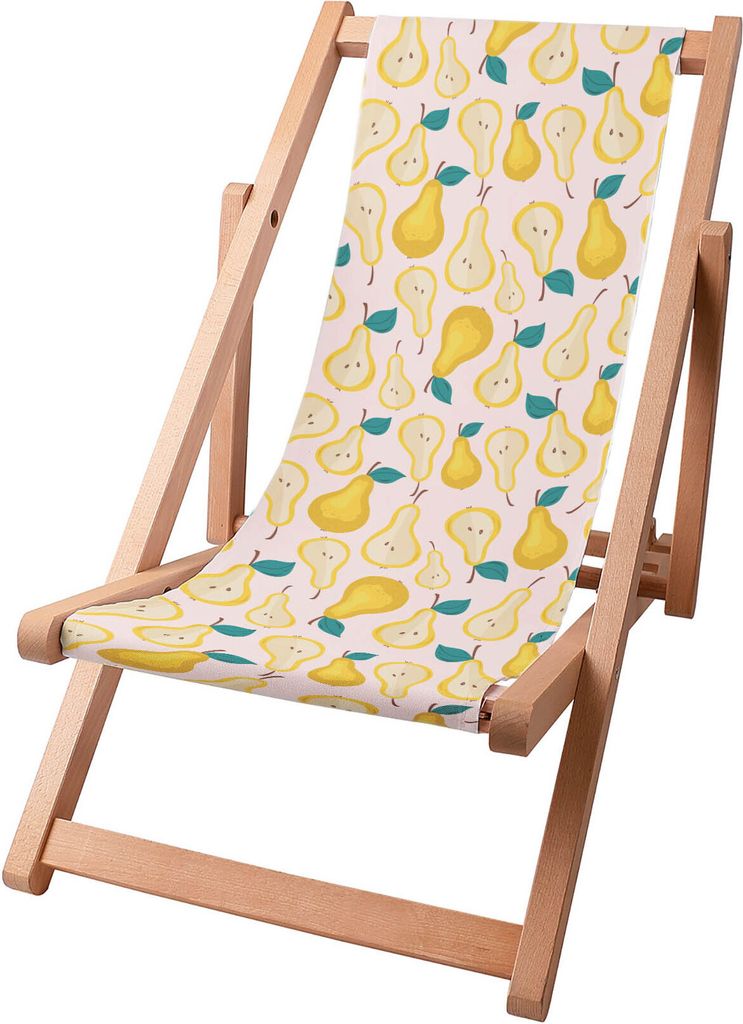 A wooden beach chair with a fabric seat featuring a pattern of pears.