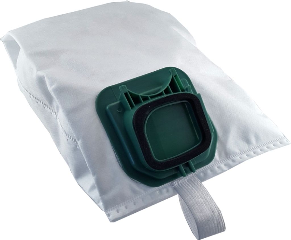 A white vacuum cleaner bag with a green plastic connector.