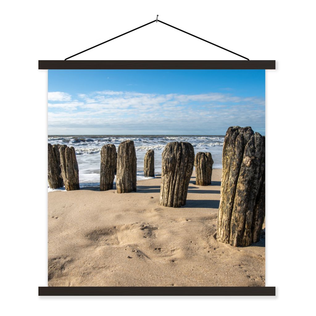 MuchoWow Textilposter Sand - Strand - Pfahl - Wasser - Sommer 40x40 cm mit schwarzem Rahmen - Fotos