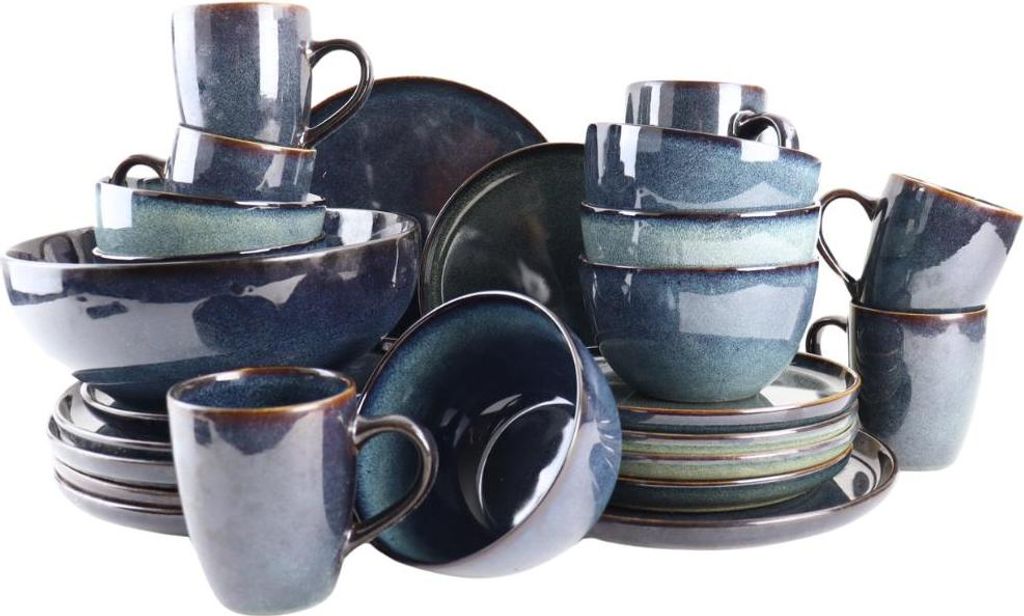 OTIX Serviesset 25-delig Geschirrset Salatschüssel Kaffeetassen Frühstücksteller Speiseteller Suppenschalen 6 Personen Blau EBONY