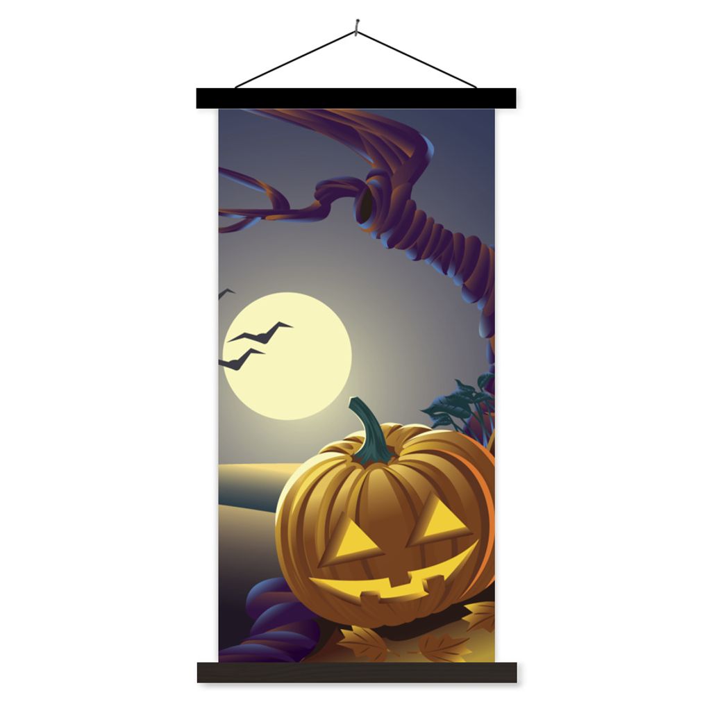 MuchoWow Textilposter Zwei Kürbisse in einer Halloween-Nacht in einer Illustration 60x120 cm mit schwarzem Rahmen - Magnete