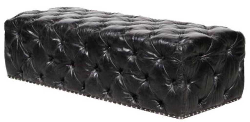 Casa Padrino Chesterfield Echtleder Fußhocker Vintage Schwarz 140 x 60 x H. 42 cm - Luxus Qualität